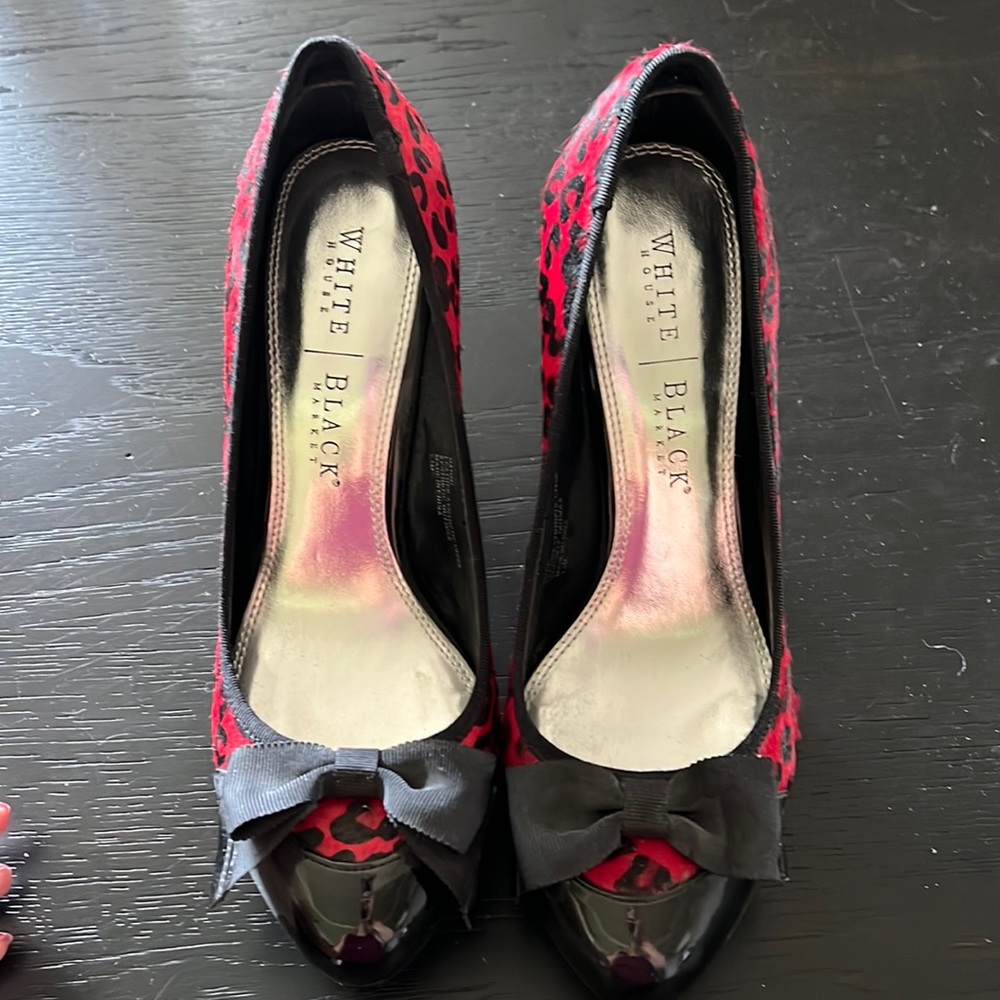 White House Black Market red leopard print calf hair pumps